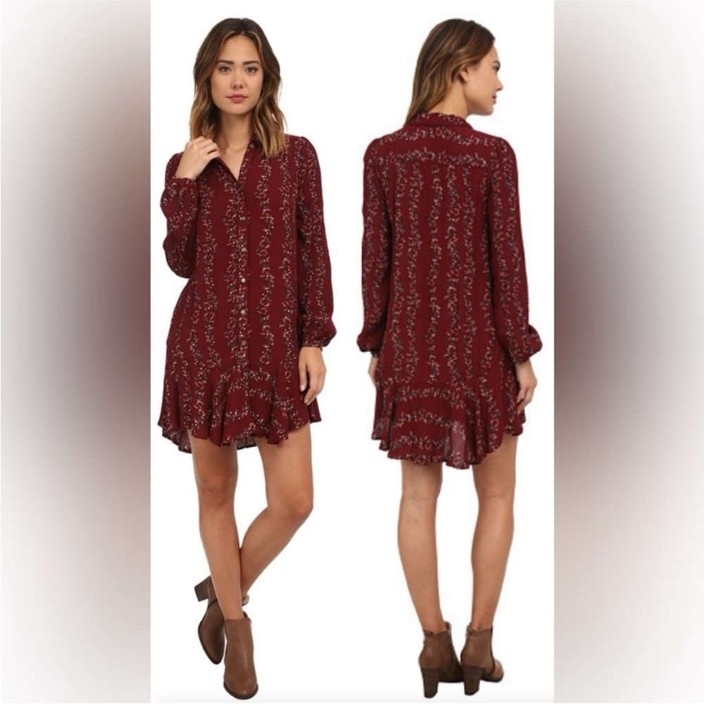 Free People Womens Burgundy Button Down‎ Shirt Dress Floral Pockets cottagecore
